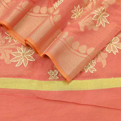 Indian Vintage Dupatta Peach Organza Long Stole Hand Embroidered Scarves Veil Zari Sequins
