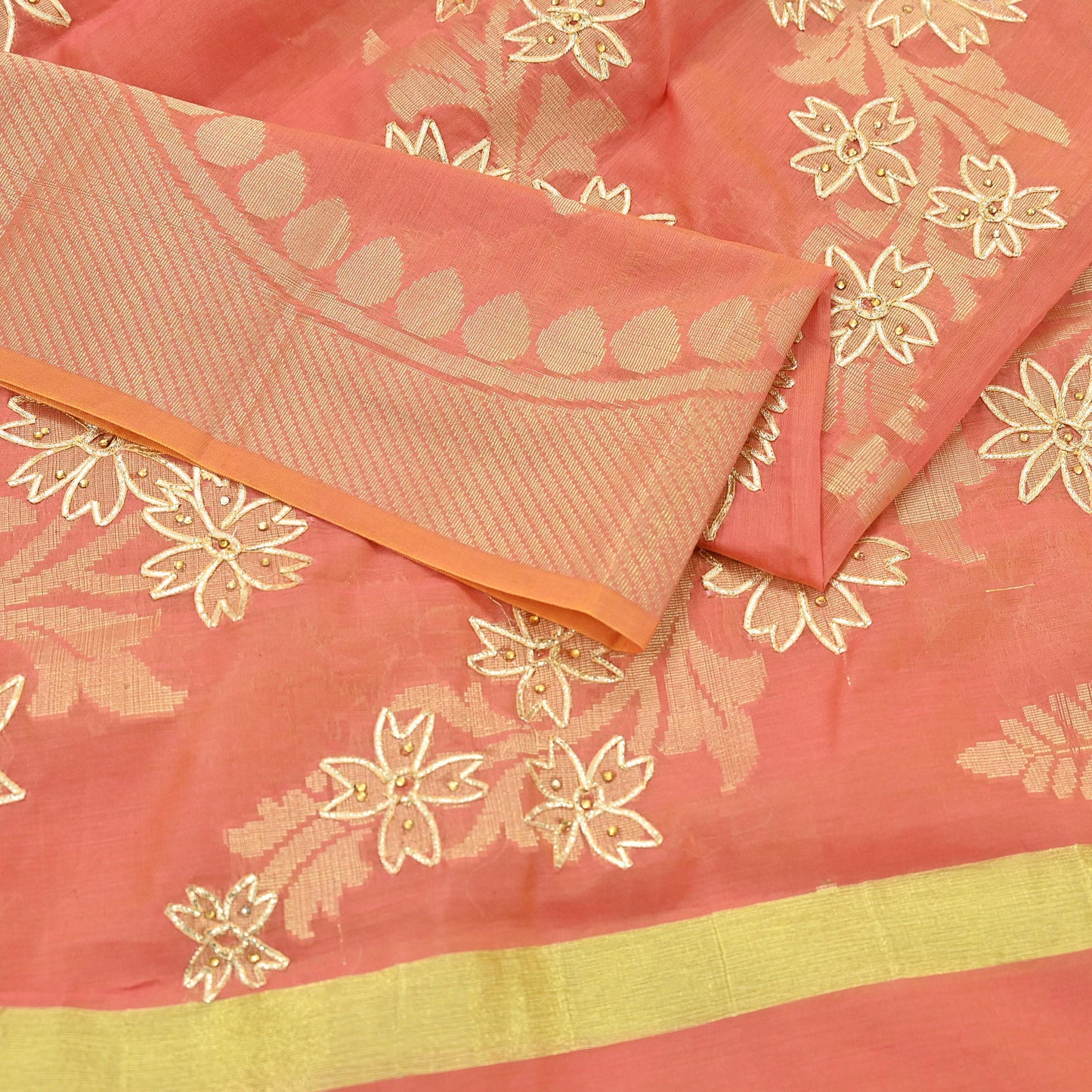 Indian Vintage Dupatta Peach Organza Long Stole Hand Embroidered Scarves Veil Zari Sequins