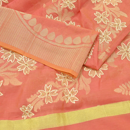 Indian Vintage Dupatta Peach Organza Long Stole Hand Embroidered Scarves Veil Zari Sequins