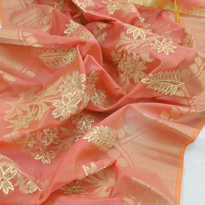 Indian Vintage Dupatta Peach Organza Long Stole Hand Embroidered Scarves Veil Zari Sequins
