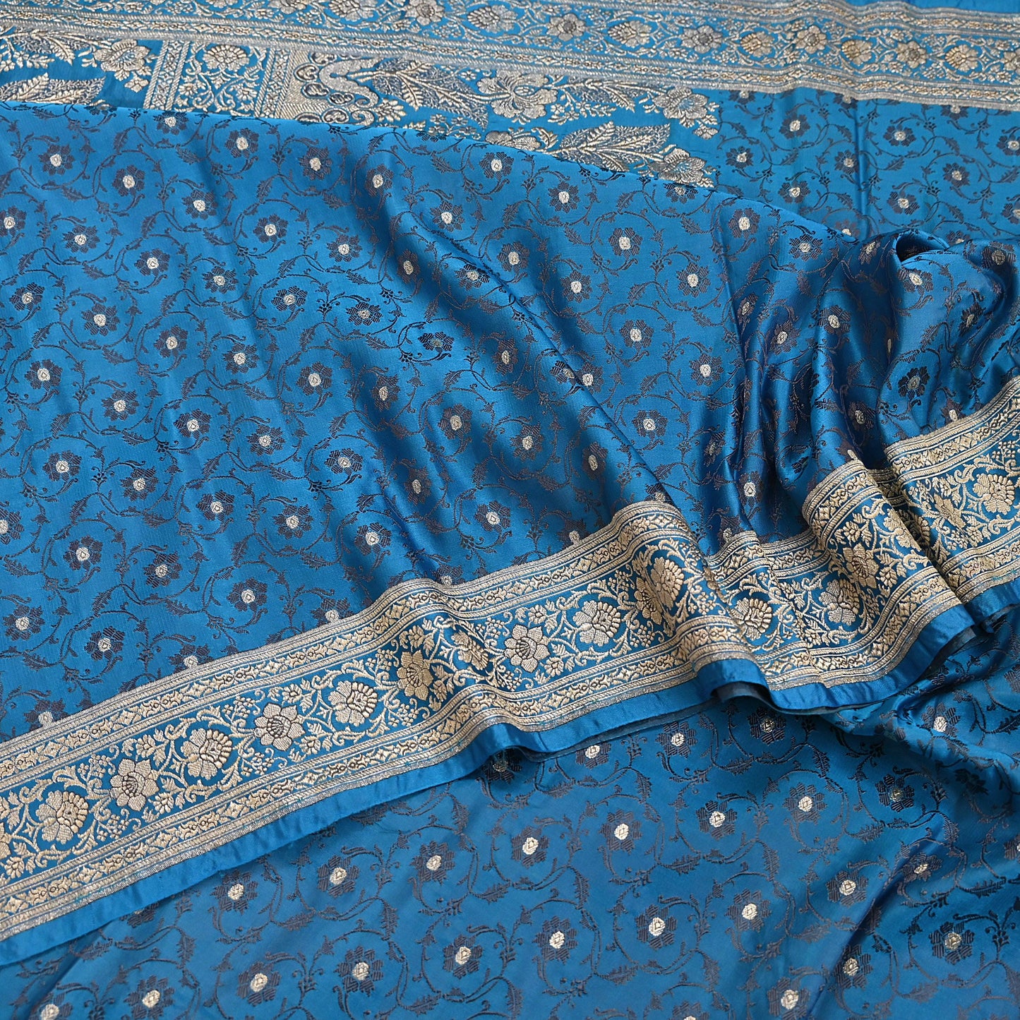 Vintage Banarasi Saree Pure Satin Silk Woven Brocade Zari Fabric Blue Heavy Craft Sari 5 Yards Indian Antique Textile Dress Making