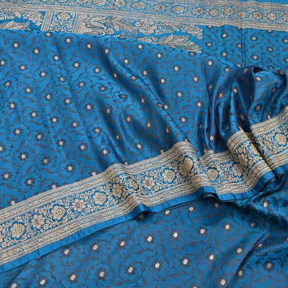 Vintage Banarasi Saree Pure Satin Silk Woven Brocade Zari Fabric Blue Heavy Craft Sari 5 Yards Indian Antique Textile Dress Making