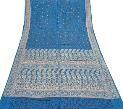 Vintage Banarasi Saree Pure Satin Silk Woven Brocade Zari Fabric Blue Heavy Craft Sari 5 Yards Indian Antique Textile Dress Making