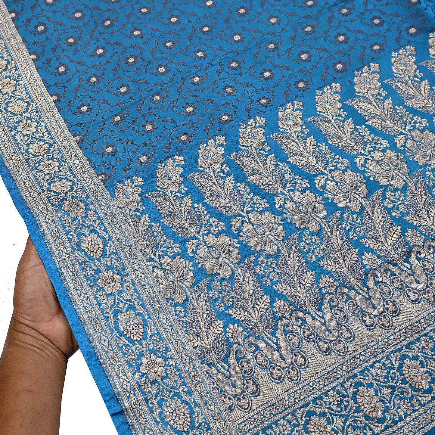 Vintage Banarasi Saree Pure Satin Silk Woven Brocade Zari Fabric Blue Heavy Craft Sari 5 Yards Indian Antique Textile Dress Making