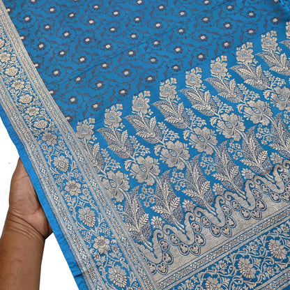 Vintage Banarasi Saree Pure Satin Silk Woven Brocade Zari Fabric Blue Heavy Craft Sari 5 Yards Indian Antique Textile Dress Making