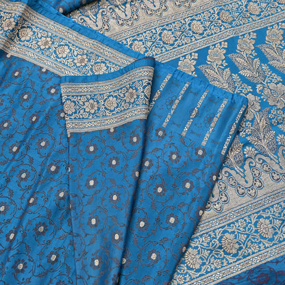 Vintage Banarasi Saree Pure Satin Silk Woven Brocade Zari Fabric Blue Heavy Craft Sari 5 Yards Indian Antique Textile Dress Making