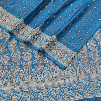 Vintage Banarasi Saree Pure Satin Silk Woven Brocade Zari Fabric Blue Heavy Craft Sari 5 Yards Indian Antique Textile Dress Making