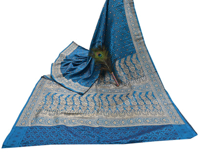 Vintage Banarasi Saree Pure Satin Silk Woven Brocade Zari Fabric Blue Heavy Craft Sari 5 Yards Indian Antique Textile Dress Making