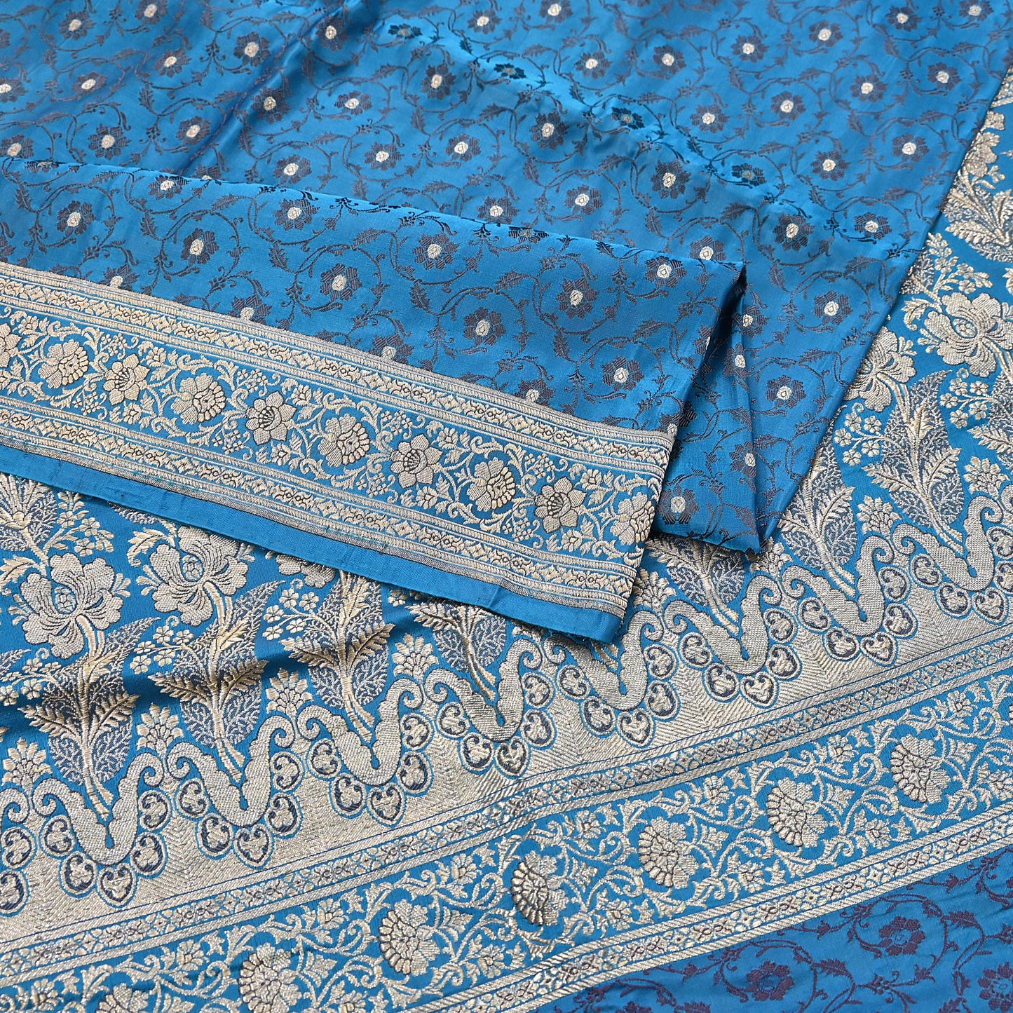 Vintage Banarasi Saree Pure Satin Silk Woven Brocade Zari Fabric Blue Heavy Craft Sari 5 Yards Indian Antique Textile Dress Making