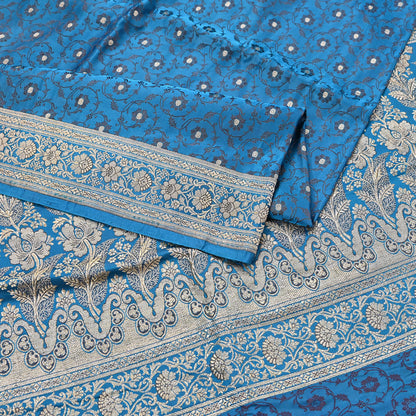 Vintage Banarasi Saree Pure Satin Silk Woven Brocade Zari Fabric Blue Heavy Craft Sari 5 Yards Indian Antique Textile Dress Making