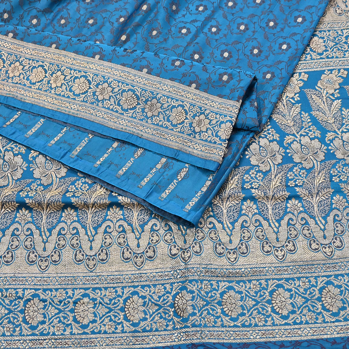 Vintage Banarasi Saree Pure Satin Silk Woven Brocade Zari Fabric Blue Heavy Craft Sari 5 Yards Indian Antique Textile Dress Making
