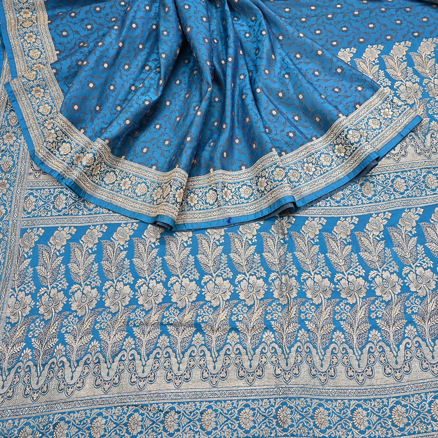 Vintage Banarasi Saree Pure Satin Silk Woven Brocade Zari Fabric Blue Heavy Craft Sari 5 Yards Indian Antique Textile Dress Making