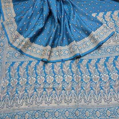 Vintage Banarasi Saree Pure Satin Silk Woven Brocade Zari Fabric Blue Heavy Craft Sari 5 Yards Indian Antique Textile Dress Making