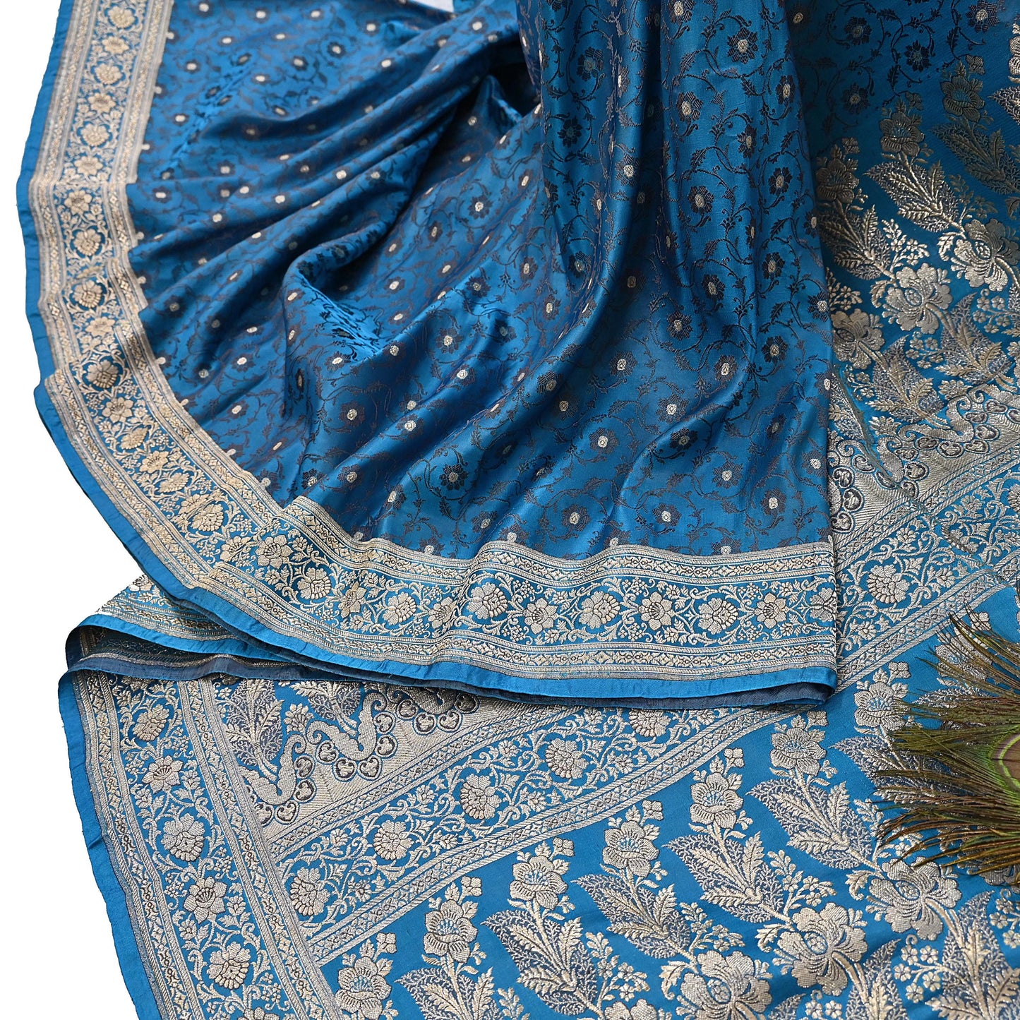 Vintage Banarasi Saree Pure Satin Silk Woven Brocade Zari Fabric Blue Heavy Craft Sari 5 Yards Indian Antique Textile Dress Making