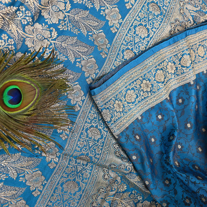 Vintage Banarasi Saree Pure Satin Silk Woven Brocade Zari Fabric Blue Heavy Craft Sari 5 Yards Indian Antique Textile Dress Making