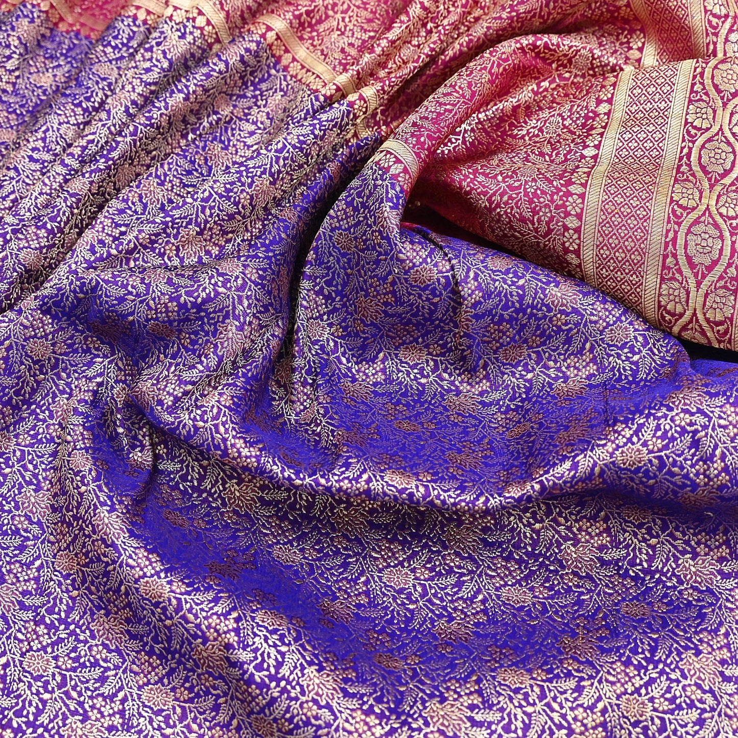 Vintage Banarasi Silk Saree Pink & Purple Heavy Satin Silk Brocade Fabric Golden Zari Bridal Wedding Crafting 5 Yard