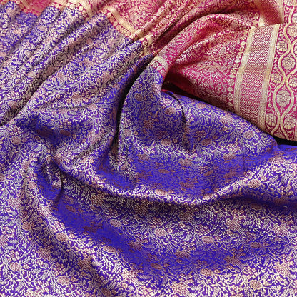 Vintage Banarasi Silk Saree Pink & Purple Heavy Satin Silk Brocade Fabric Golden Zari Bridal Wedding Crafting 5 Yard