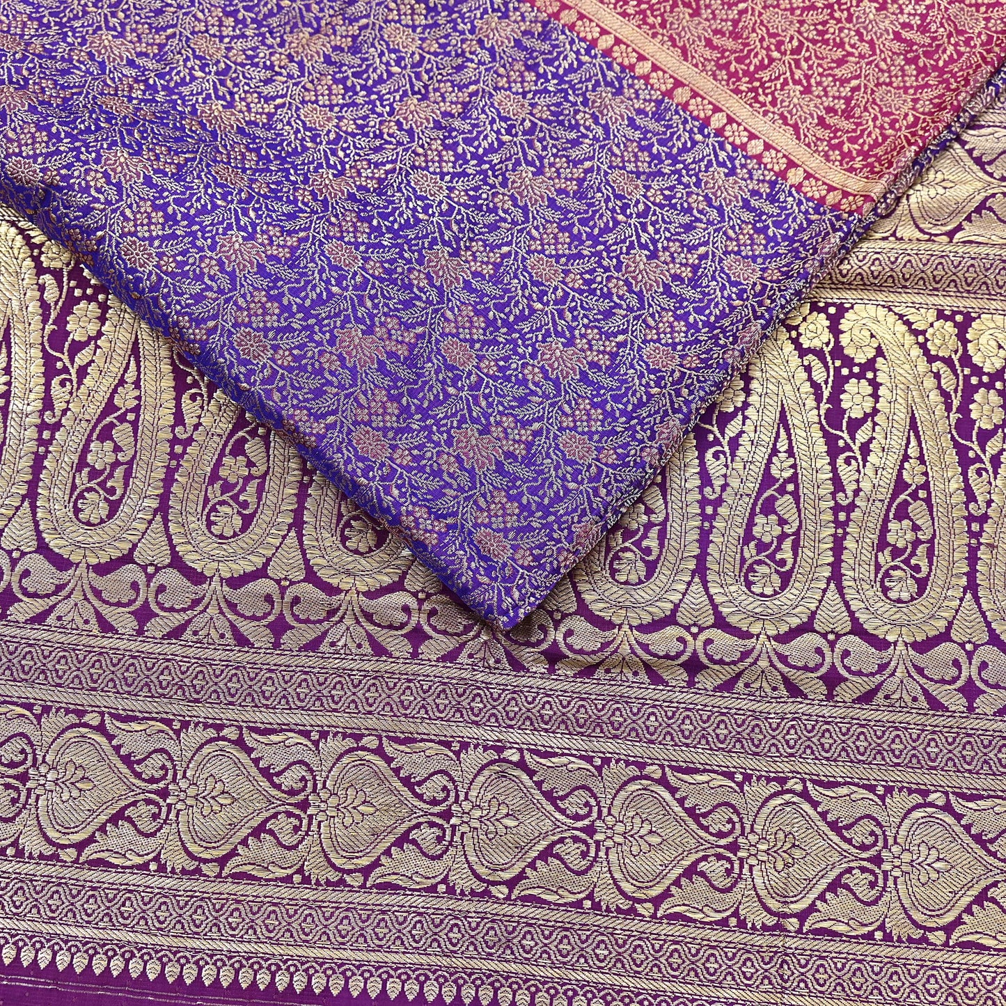Vintage Banarasi Silk Saree Pink & Purple Heavy Satin Silk Brocade Fabric Golden Zari Bridal Wedding Crafting 5 Yard
