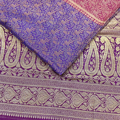 Vintage Banarasi Silk Saree Pink & Purple Heavy Satin Silk Brocade Fabric Golden Zari Bridal Wedding Crafting 5 Yard