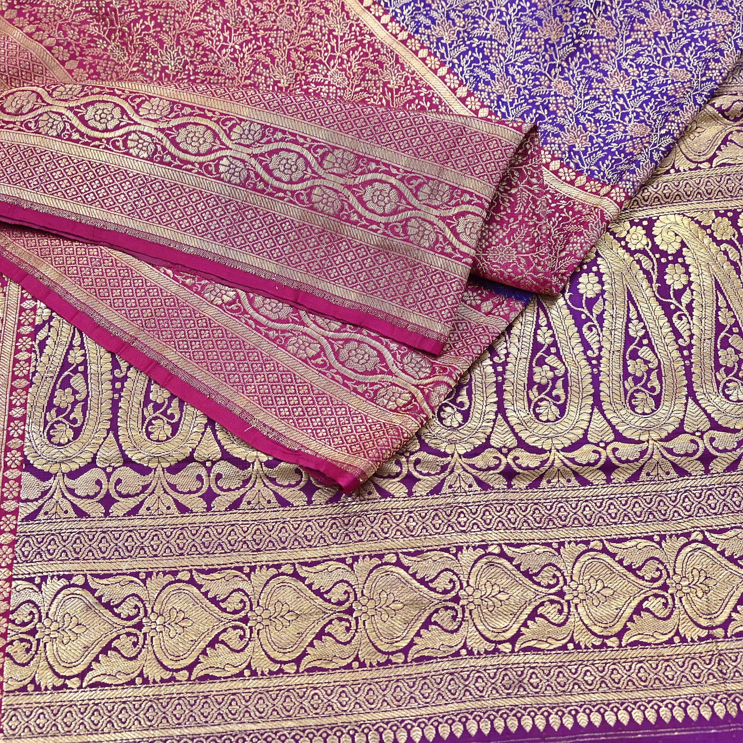 Vintage Banarasi Silk Saree Pink & Purple Heavy Satin Silk Brocade Fabric Golden Zari Bridal Wedding Crafting 5 Yard