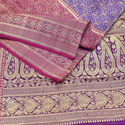 Vintage Banarasi Silk Saree Pink & Purple Heavy Satin Silk Brocade Fabric Golden Zari Bridal Wedding Crafting 5 Yard
