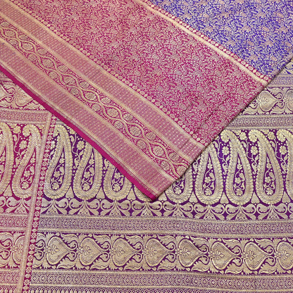 Vintage Banarasi Silk Saree Pink & Purple Heavy Satin Silk Brocade Fabric Golden Zari Bridal Wedding Crafting 5 Yard