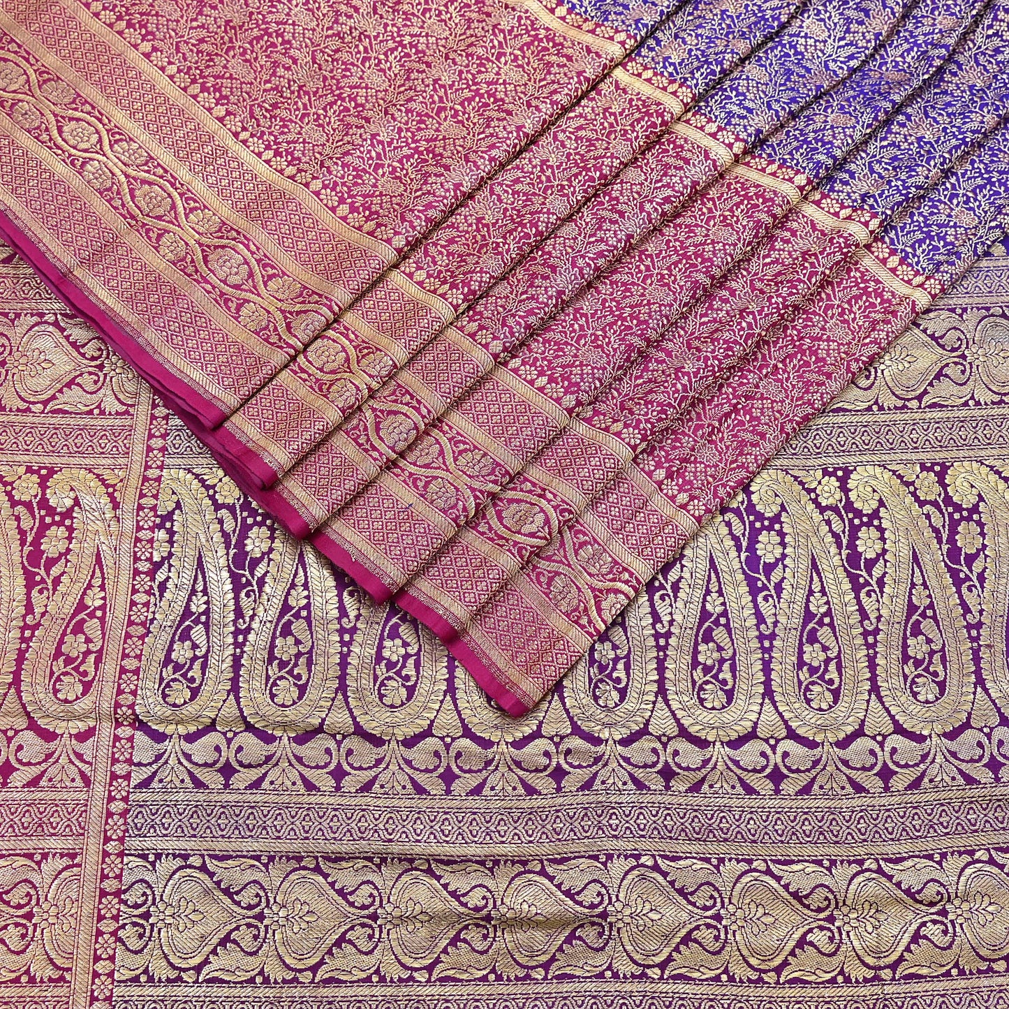 Vintage Banarasi Silk Saree Pink & Purple Heavy Satin Silk Brocade Fabric Golden Zari Bridal Wedding Crafting 5 Yard