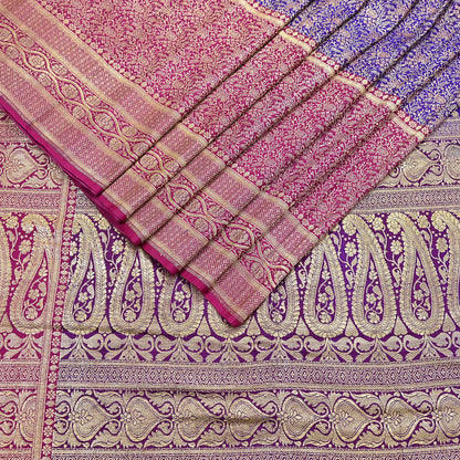 Vintage Banarasi Silk Saree Pink & Purple Heavy Satin Silk Brocade Fabric Golden Zari Bridal Wedding Crafting 5 Yard