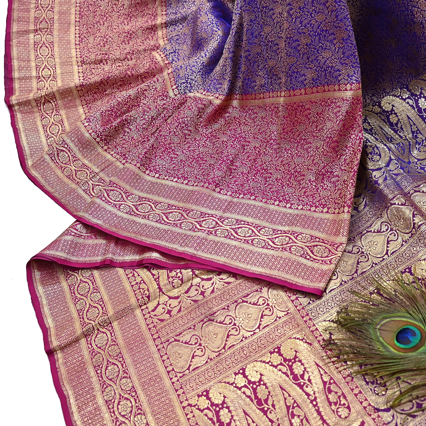 Vintage Banarasi Silk Saree Pink & Purple Heavy Satin Silk Brocade Fabric Golden Zari Bridal Wedding Crafting 5 Yard