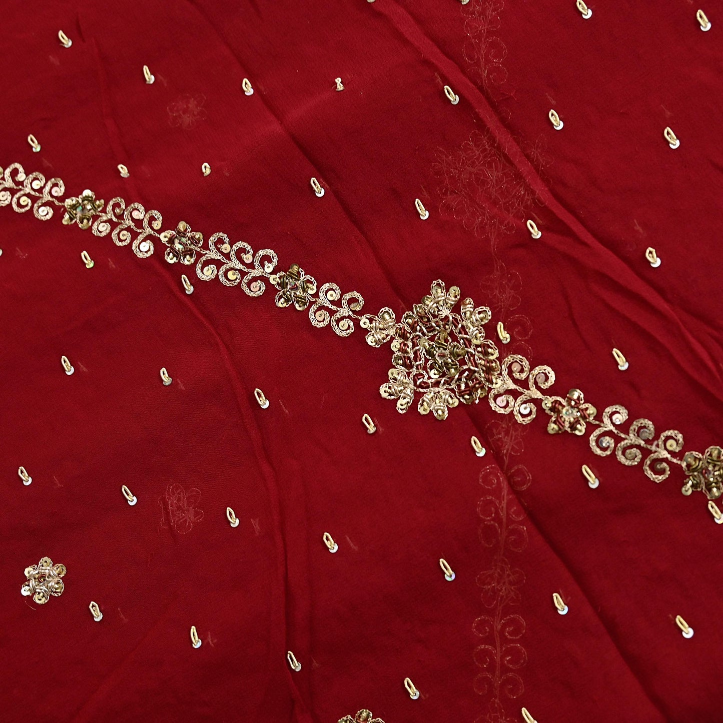 Indian Vintage Heavy Bridal Red Dupatta Pure Georgette Silk Long Stole Hand Embroidered Scarf Zardozi/Dabka Wedding red Hijab veil Boho