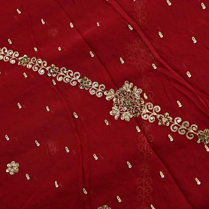 Indian Vintage Heavy Bridal Red Dupatta Pure Georgette Silk Long Stole Hand Embroidered Scarf Zardozi/Dabka Wedding red Hijab veil Boho