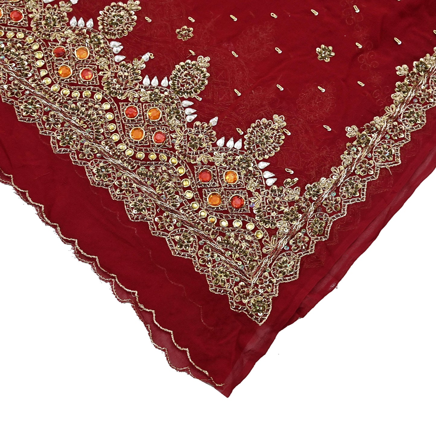 Indian Vintage Heavy Bridal Red Dupatta Pure Georgette Silk Long Stole Hand Embroidered Scarf Zardozi/Dabka Wedding red Hijab veil Boho