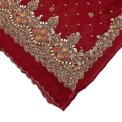 Indian Vintage Heavy Bridal Red Dupatta Pure Georgette Silk Long Stole Hand Embroidered Scarf Zardozi/Dabka Wedding red Hijab veil Boho