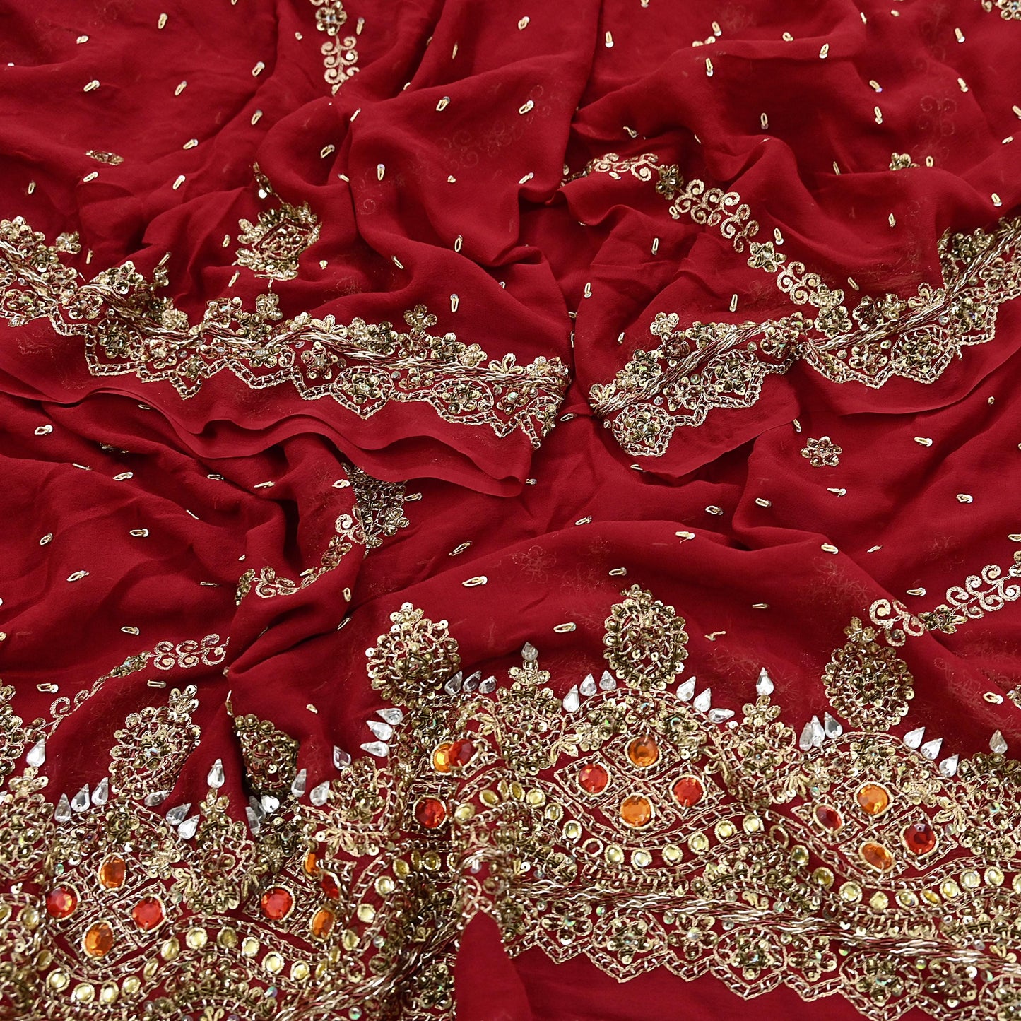 Indian Vintage Heavy Bridal Red Dupatta Pure Georgette Silk Long Stole Hand Embroidered Scarf Zardozi/Dabka Wedding red Hijab veil Boho