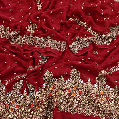 Indian Vintage Heavy Bridal Red Dupatta Pure Georgette Silk Long Stole Hand Embroidered Scarf Zardozi/Dabka Wedding red Hijab veil Boho