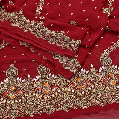 Indian Vintage Heavy Bridal Red Dupatta Pure Georgette Silk Long Stole Hand Embroidered Scarf Zardozi/Dabka Wedding red Hijab veil Boho