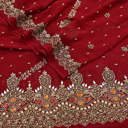 Indian Vintage Heavy Bridal Red Dupatta Pure Georgette Silk Long Stole Hand Embroidered Scarf Zardozi/Dabka Wedding red Hijab veil Boho
