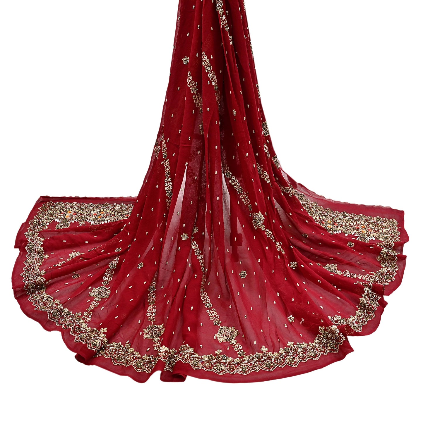 Indian Vintage Heavy Bridal Red Dupatta Pure Georgette Silk Long Stole Hand Embroidered Scarf Zardozi/Dabka Wedding red Hijab veil Boho