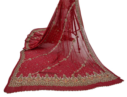 Indian Vintage Heavy Bridal Red Dupatta Pure Georgette Silk Long Stole Hand Embroidered Scarf Zardozi/Dabka Wedding red Hijab veil Boho