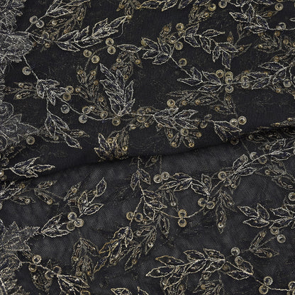 Indian Vintage Heavy Black Dupatta Net Mesh Long Stole Hand Embroidered Scarves Golden Zardozi Zari Sequins Stole