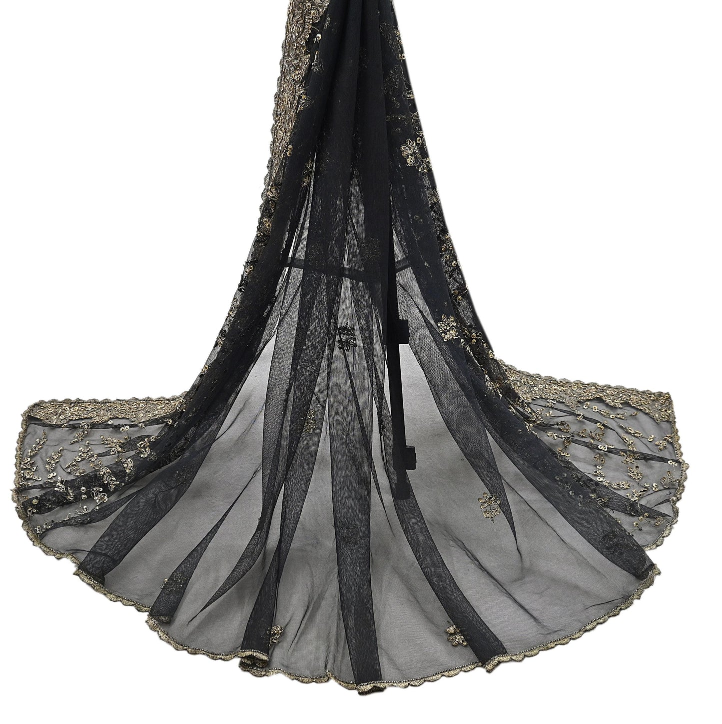 Indian Vintage Heavy Black Dupatta Net Mesh Long Stole Hand Embroidered Scarves Golden Zardozi Zari Sequins Stole