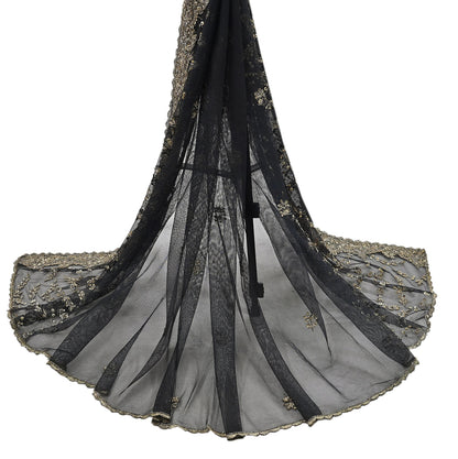 Indian Vintage Heavy Black Dupatta Net Mesh Long Stole Hand Embroidered Scarves Golden Zardozi Zari Sequins Stole