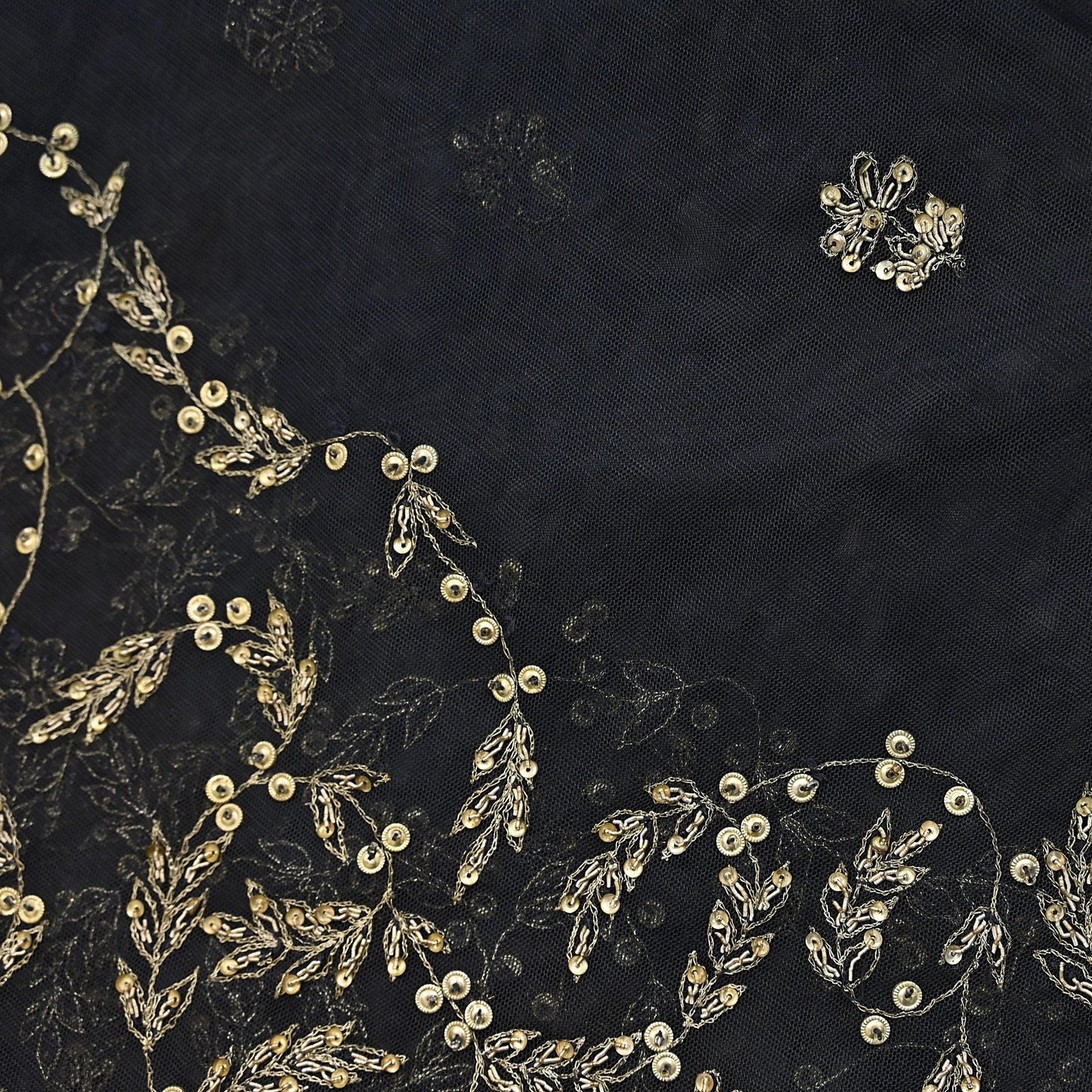 Indian Vintage Heavy Black Dupatta Net Mesh Long Stole Hand Embroidered Scarves Golden Zardozi Zari Sequins Stole