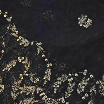 Indian Vintage Heavy Black Dupatta Net Mesh Long Stole Hand Embroidered Scarves Golden Zardozi Zari Sequins Stole
