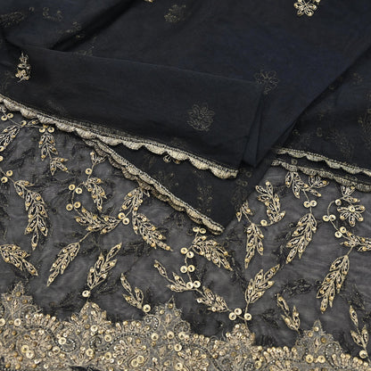 Indian Vintage Heavy Black Dupatta Net Mesh Long Stole Hand Embroidered Scarves Golden Zardozi Zari Sequins Stole