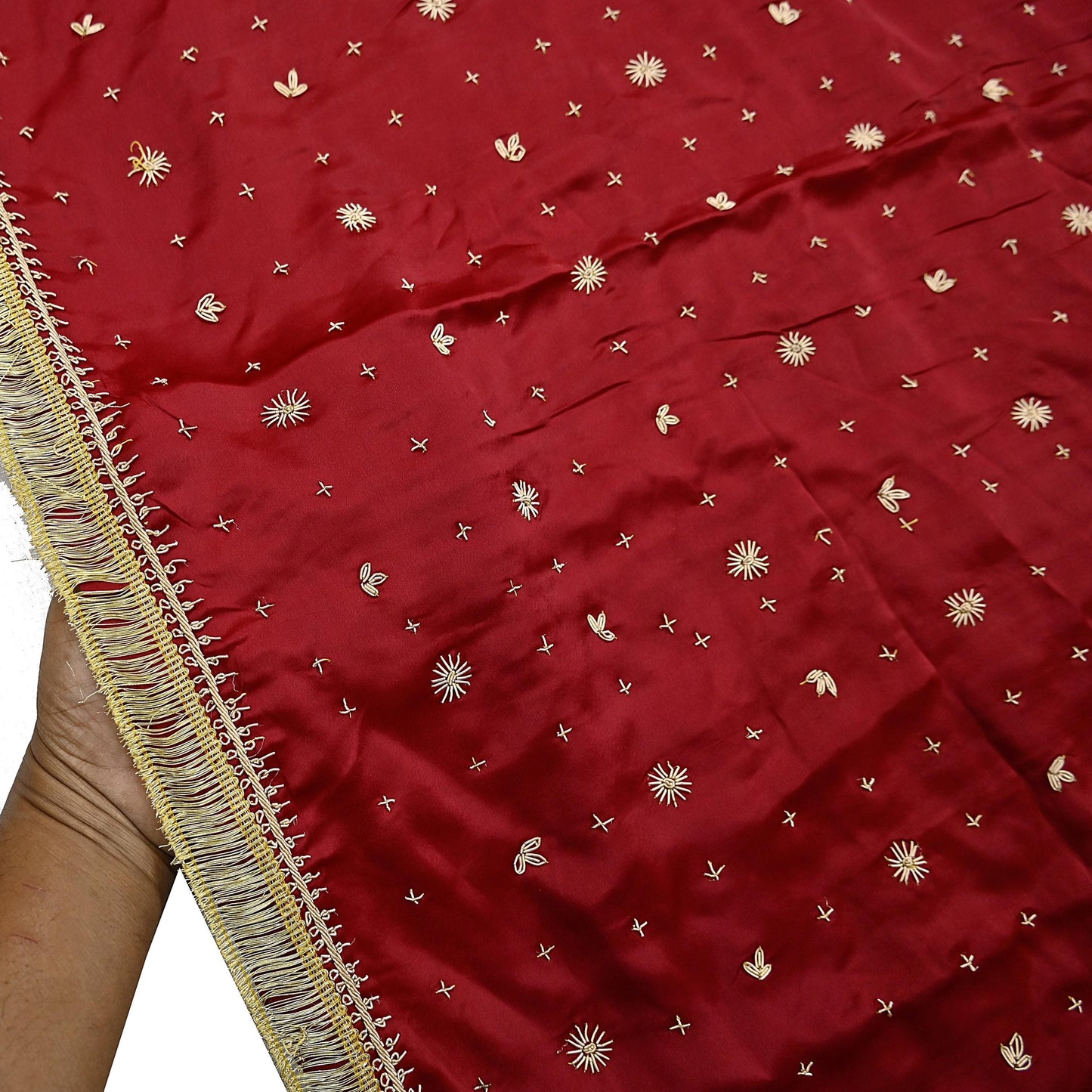 Indian Vintage Heavy Wedding Red Dupatta Pure Satin Silk Long Stole Hand Embroidered Scarves Golden Zardozi Bridal Heavy Dupatta hijab veil
