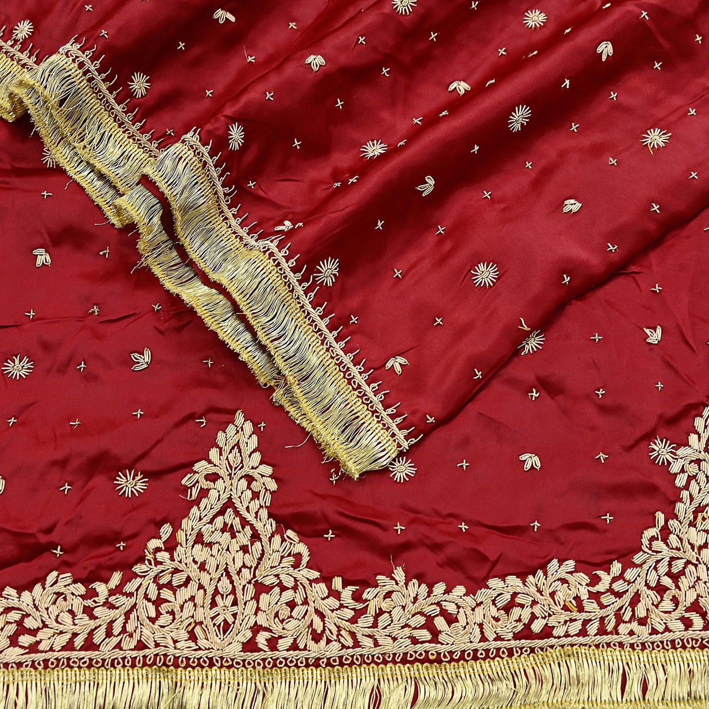 Indian Vintage Heavy Wedding Red Dupatta Pure Satin Silk Long Stole Hand Embroidered Scarves Golden Zardozi Bridal Heavy Dupatta hijab veil