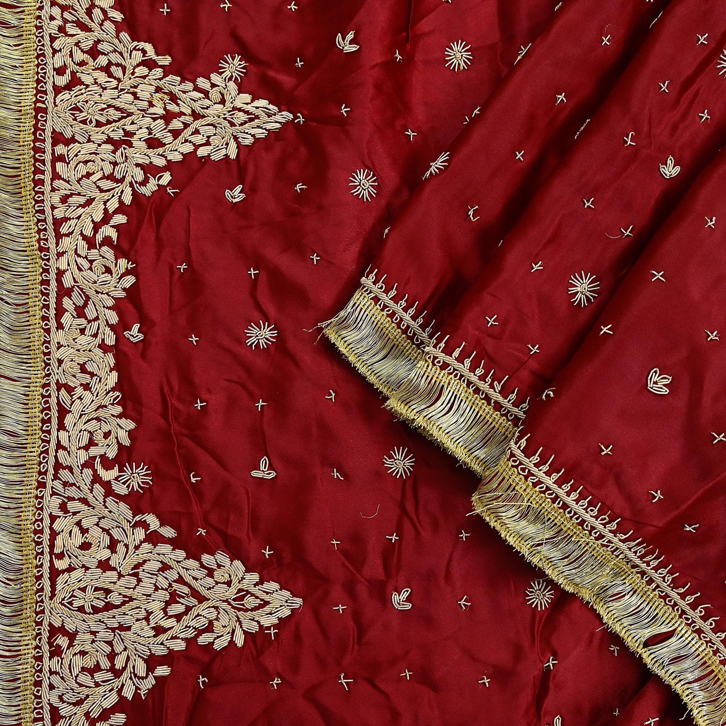 Indian Vintage Heavy Wedding Red Dupatta Pure Satin Silk Long Stole Hand Embroidered Scarves Golden Zardozi Bridal Heavy Dupatta hijab veil