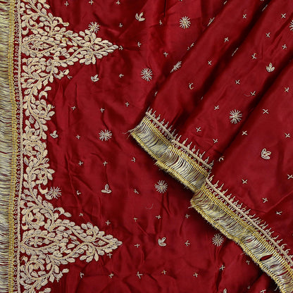 Indian Vintage Heavy Wedding Red Dupatta Pure Satin Silk Long Stole Hand Embroidered Scarves Golden Zardozi Bridal Heavy Dupatta hijab veil