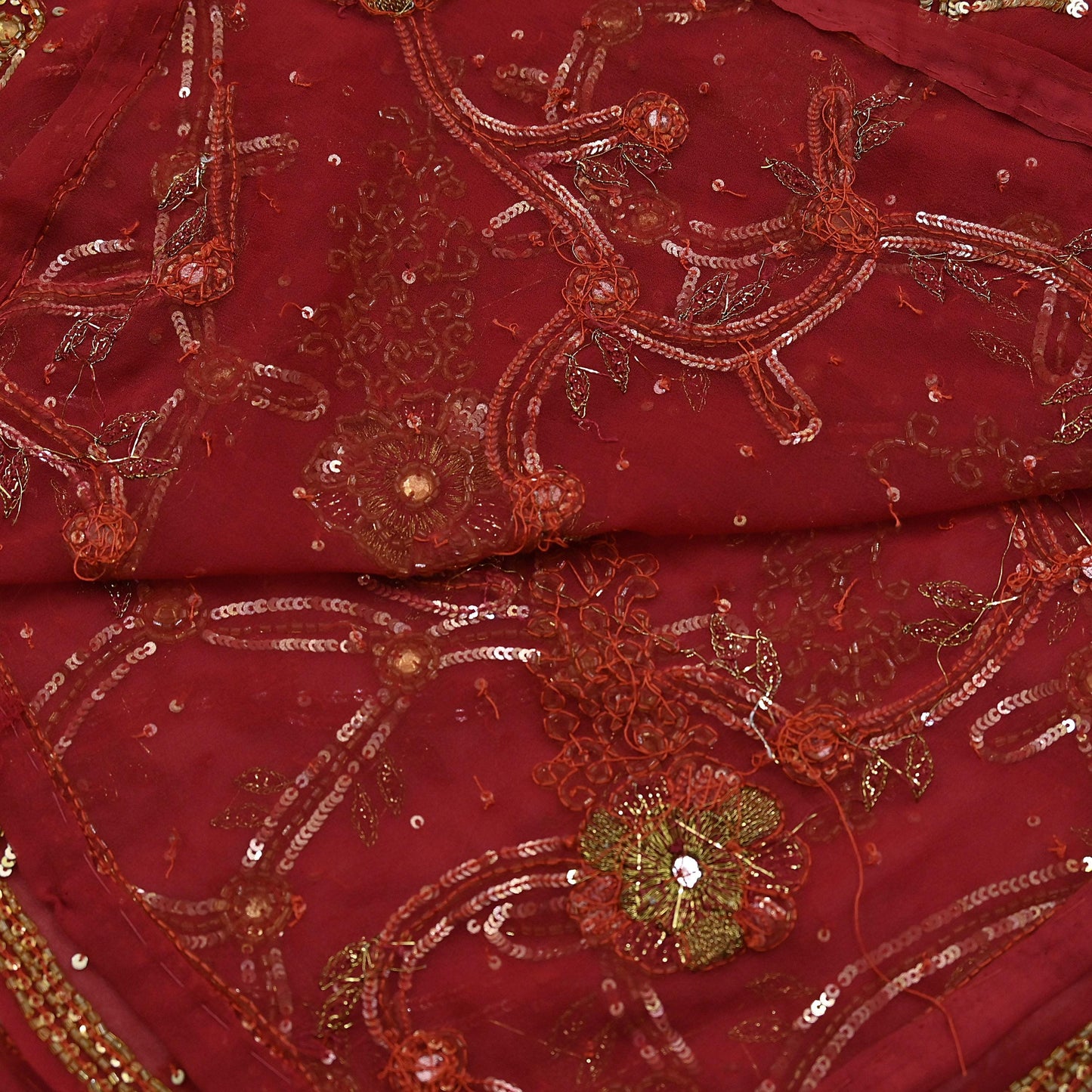 Indian Vintage Heavy Bridal Red Dupatta Pure Georgette Silk Long Stole Hand Embroidered Scarf Zardozi/Dabka Wedding red Hijab veil